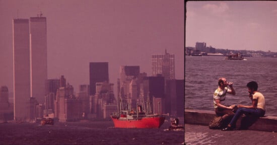 The image is divided into two sections. The left side shows a city skyline with the Twin Towers and a large red ship in the foreground. The right side depicts two people sitting by the water, with one drinking from a bottle and boats visible in the background.